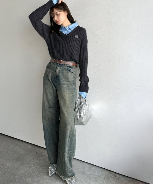 【mily bilet】一枚着るだけで、重ね着風。シャツレイヤード風ロゴ刺繍リブニットプルオーバー（長袖） mi1029172