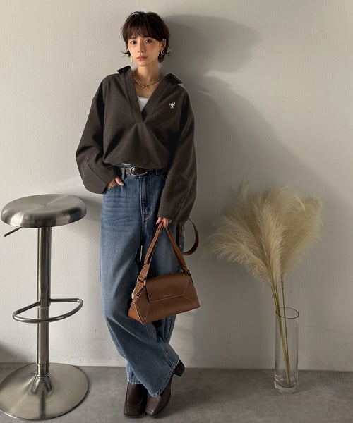 【Classical Evon】優しい温もり、上品見え。圧縮ニット襟付きキーネックプルオーバー ev1110143