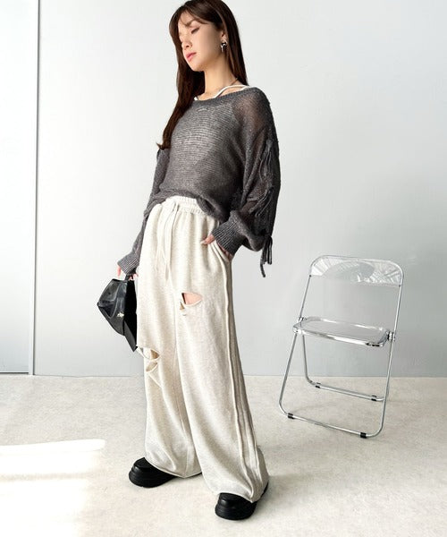 【mily bilet】大人のきらめき。プレートデザイン透かし編み袖リボンラメニット(ワンオフショル2way) mi1259009
