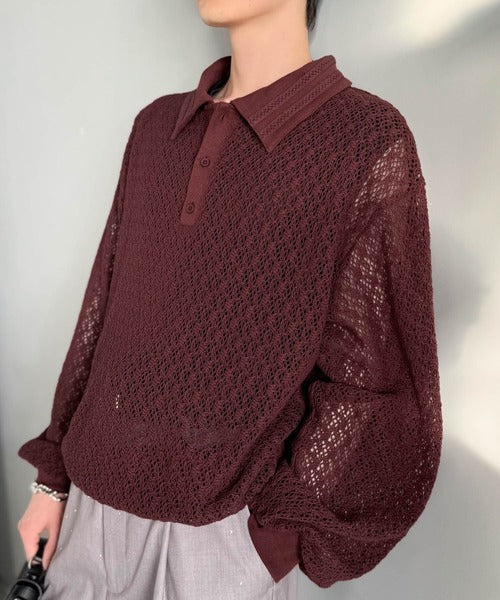 「透け感、モードの余韻。」衿ダブルライン使いレース柄ニットポロシャツ／Double-Line Collar Lace Pattern Knit Polo Shirt co1010049