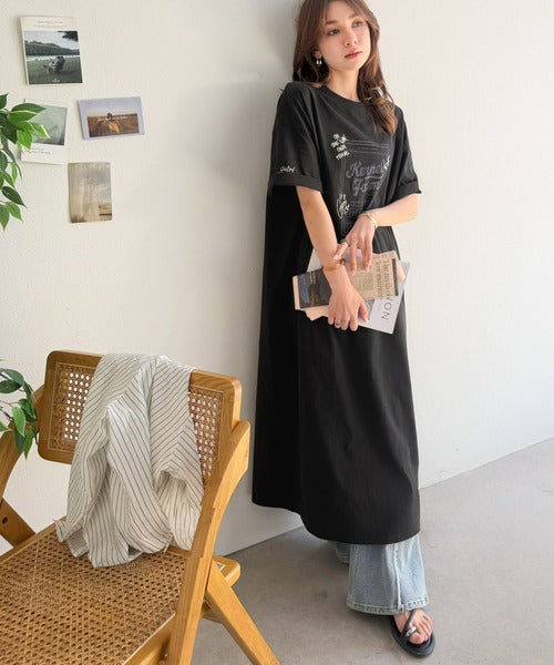《JaVa ジャバコラボ》ゆるっと１枚コーデの主役♪綿100%ヴィンテージプリント半袖刺繍ワンピース jv1260623