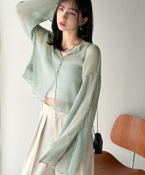 大人の上品な透け感を纏う。前後2wayシアー楊柳素材フレアスリーブブラウスカーディガン（長袖） ce1240083