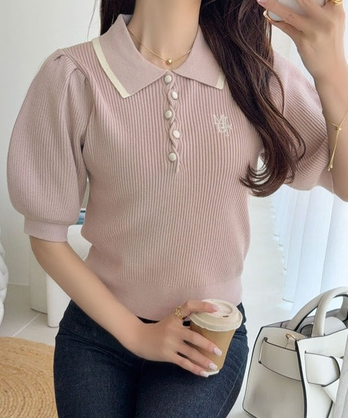 【mily bilet】配色×くすみカラーで魅せる、ずるい清楚さ。配色ラインポロニット (半袖) mi1359044