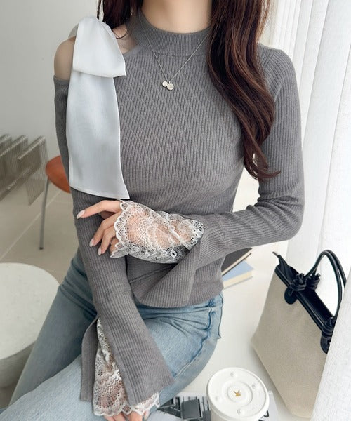 【mily bilet】大人フェミニンの主役トップス。肩シフォンリボン袖レース使いリブニット mi1029170
