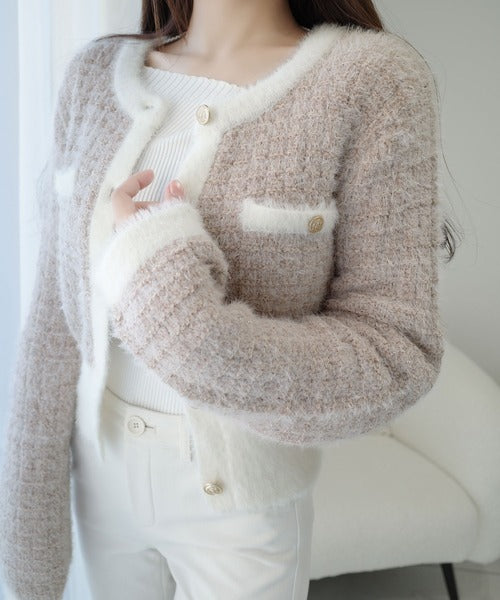 【mily bilet】ツィードライクフェザー切り替えラメニットジャケット mi1329043