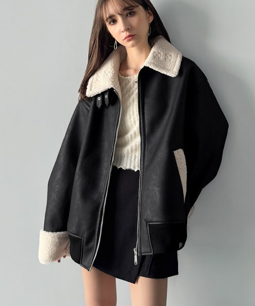 【Classical Origin】「ずっしりかっこいい。」2way襟ボア切り替えフェイクレザージャケット／2way Boa Collar Faux Leather Jacket co1150081