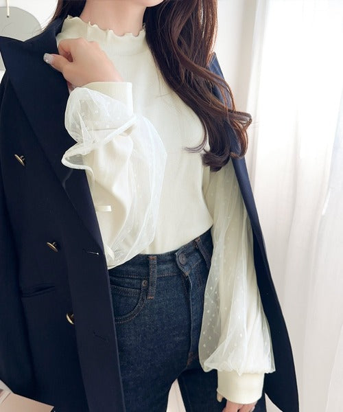 【mily bilet】大人可愛いふんわりスリーブが魅力♪サイドスリットリボンチュール重ねニットソー（長袖） mi1359005