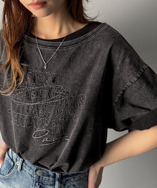 綿100%メンズライクヴィンテージウォッシュ☆前後2way刺繍ワイドネックTシャツ ce1260421