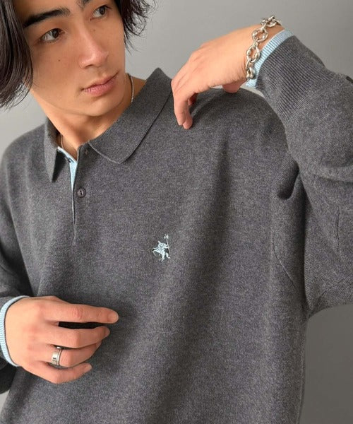 《JaVaジャバコラボ》ラフなのに、きちんと映える。配色スウェットライク胸刺繍入りポロ襟ニット（オーバーサイズ） jo1250005
