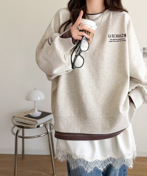 《JaVaジャバコラボ》着るだけでレイヤード上級者！配色刺繍レイヤード風オーバーサイズ裏起毛プルオーバー jv1050390
