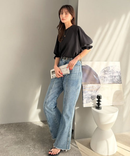 【Classical Evon】上品なフリルデザインで、袖先に華やぎを。ジョーゼット素材キャンディースリーブプルオーバー ev1050370
