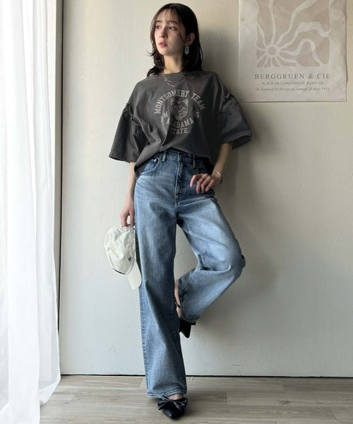 レディなヴィンテージスタイル。綿100％カレッジピグメント袖フリルTシャツ ce1020221