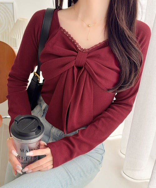 【mily bilet】一枚でときめく、主役級ビッグリボン×繊細レースで大人ガーリーに♪リボンレーストップス（長袖） mi1019160
