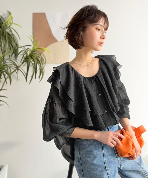 大人なシアー魅せ。前後2wayラッフルフリルビッグカラーシアー素材ブラウス（長袖） ce1010606