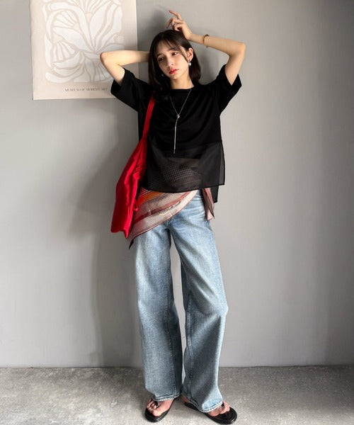 春夏に涼しさ引き立てる透け感が◎裾シアー切り替えライトダンボール半袖Tシャツ ce1110116