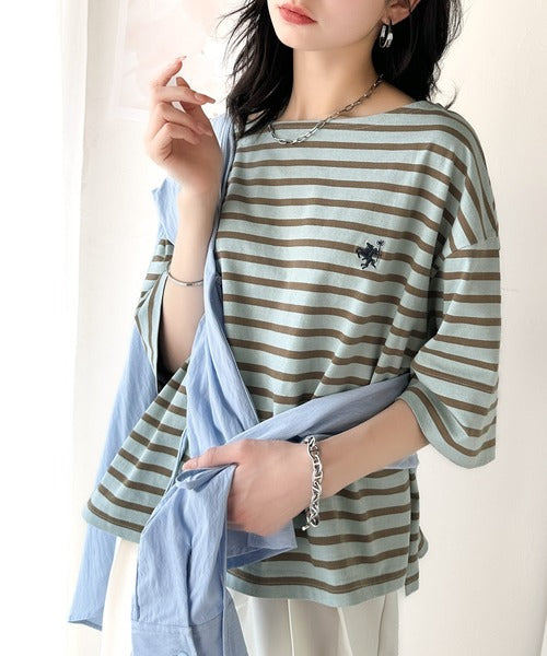【sustaina+】ラフにキマる大人スタイル。オーガニックコットン100%オーバーサイズパネルボーダーTシャツ(半袖) ce1260324