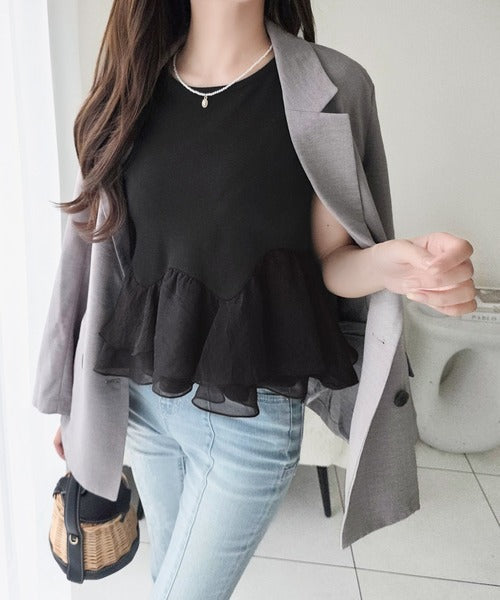 【mily bilet】可憐に揺れて、ときめきを纏う♪前後2wayペプラム切替フリルデザインTシャツ（半袖） mi1019140