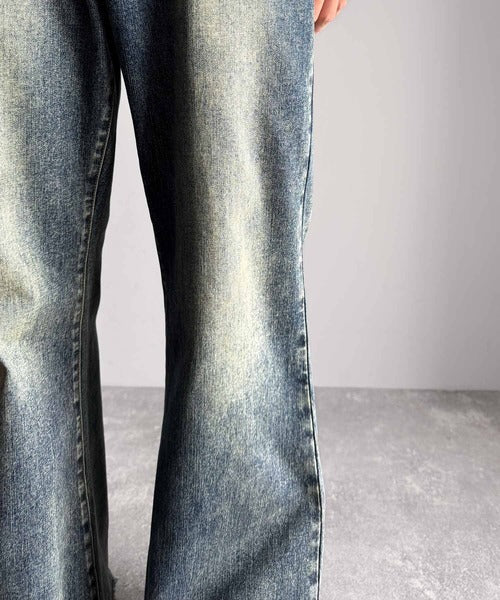 【Classical Origin】「スタイル盛れる。」ブラスト＆裾フリンジ加工ストレッチ素材スリムフレアデニムパンツ／Blasted & Fringed Stretch Slim Flare Denim Pants co0900008