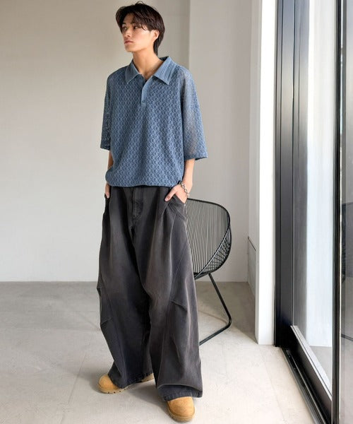 「透け感、モードの余韻。」衿ダブルライン使いレース柄ニットポロシャツ/Lace Detail Knit Polo Shirt co1010010