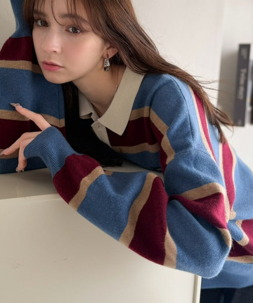 《JaVaジャバコラボ》1枚で洗練された大人の余裕を演出。配色ボーダー柄ポロ襟スウェットライクニット（長袖） jo1250006