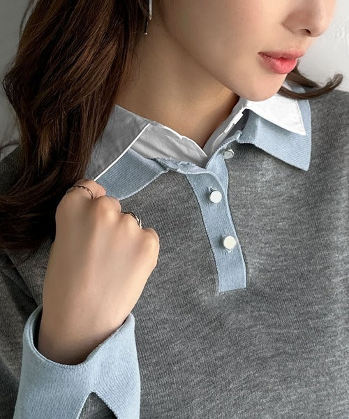【mily bilet】重ね着風で上品見え◎レイヤード風シャツダブル襟使いカフス切り替えニットプルオーバー（長袖） mi1029159