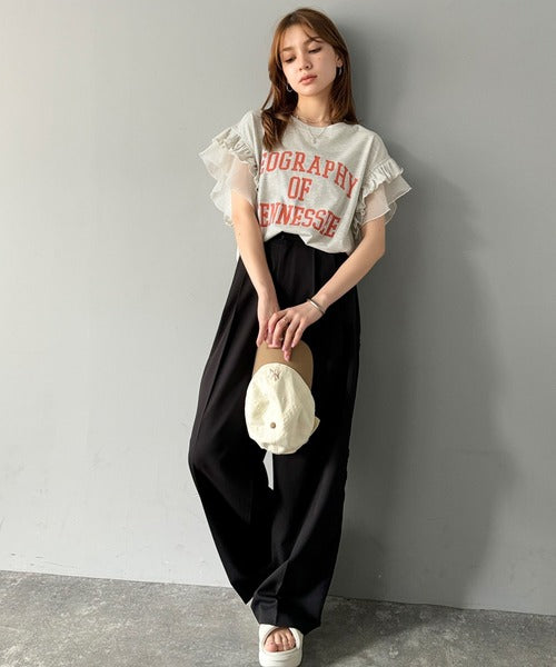 【mily bilet】可愛さふわり2倍増し！ ダブルフリル袖カレッジライクロゴゆるTシャツ mi1329036