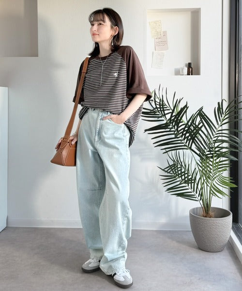 《JaVaジャバコラボ》お洒落迷子の救世主。綿100％胸刺繍ラグラン配色ボーダーTシャツ jv1260558