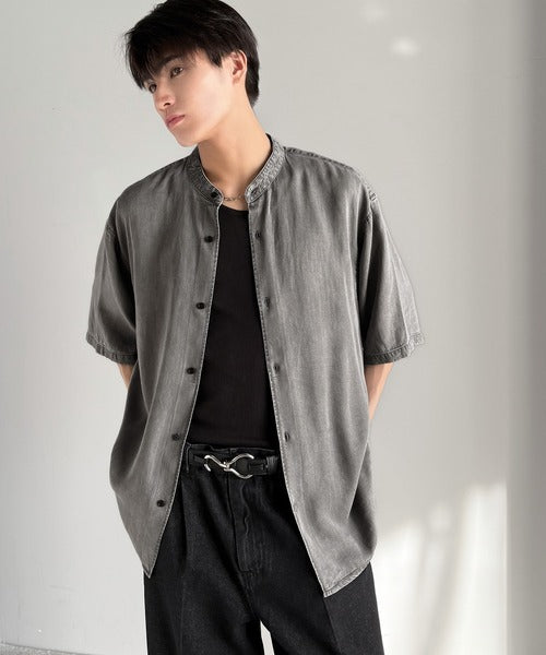 Rayon Denim Band Collar Relaxed Shirt／ヴィンテージ加工ルーズフィットデニムシャツ co1150011