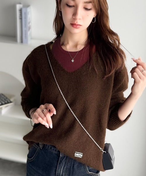 【mily bilet】洗練されたレイヤードスタイル！プレート使い異素材ニットレイヤードオフショル見せアンサンブルニット mi1029143