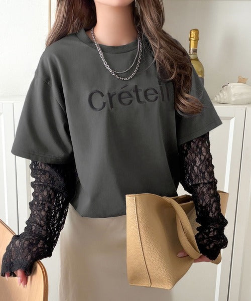 レースでカジュアルの中に女性らしさをプラス!レイヤード風レース袖ドッキングTシャツ（レース柄アソート） ce1010561