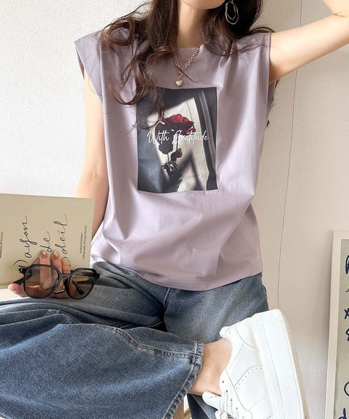 シンプルなのに着映える！お花フォトプリントシルケット加工フレンチスリーブTシャツ ce1020197