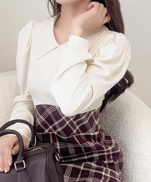 【mily bilet】愛され要素がぎゅっと盛り♪シャツ襟チェックアシメフリルドッキングロングワンピース（長袖） mi1139088