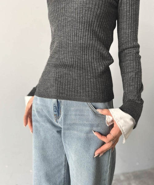 【mily bilet】1枚で完成♪重ね着風デザイン◎カシミアタッチ袖カフスレイヤード刺繍ニット mi1259018