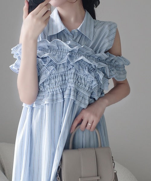 【mily bilet】袖取外し可能で着こなし自在！マルチウェイビスチェドッキングストライプシャツワンピース mi1019082