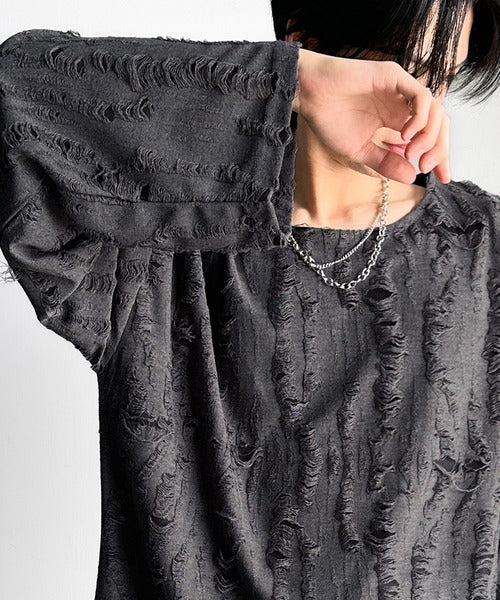グランジを楽しむ旬スタイル。ダメージ加工ビッグシルエットジャカードカットソーTシャツ（長袖） cm1010420