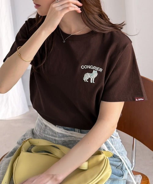 《JaVa ジャバコラボ》大人の遊び心をプラス。綿100％オオカミ刺繍Tシャツ（半袖） jv1330074