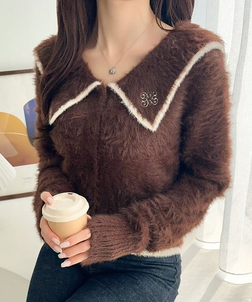 【mily bilet】セーラーカラーが可愛い。ロゴ刺繍ビッグセーラーシャギーニットカーディガン mi1029146