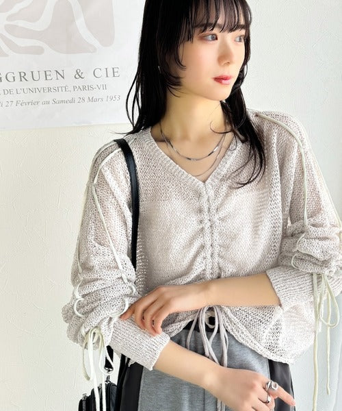 【mily bilet】ルーズな愛らしさで魅了する。透かし編みギャザー仕様リボンプルオーバー（長袖） mi1029102