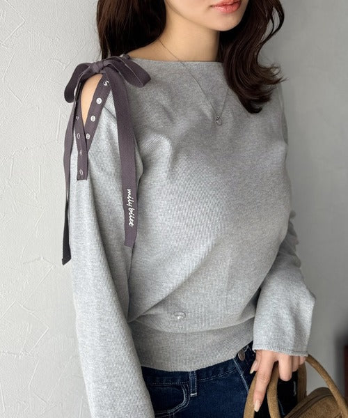 【mily bilet】甘さを添える大人の肌見せ。肩リボン使いスナップ２WAYワンオフショルカットソー（長袖） mi1329034