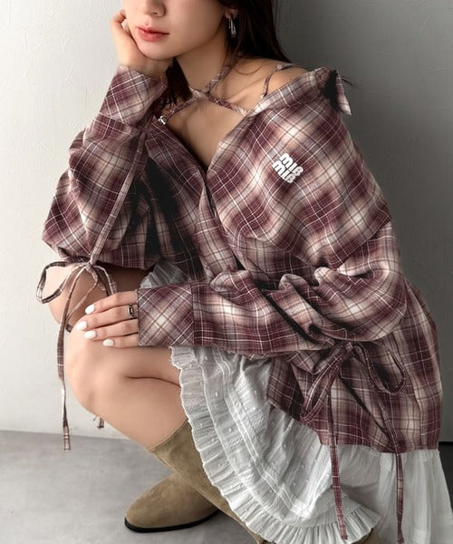 【mily bilet】アレンジ自在！2wayオフショルチェック柄襟シャツ（長袖） mi1019112