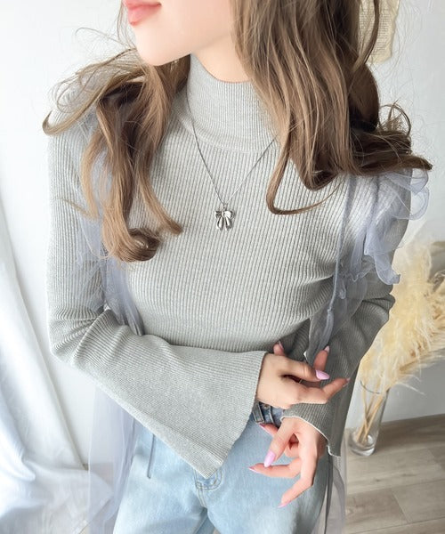 大人かわいいが実現できる。袖フレアハイネックニットプルオーバー（袖配色・無地・ボーダー） ce1050237
