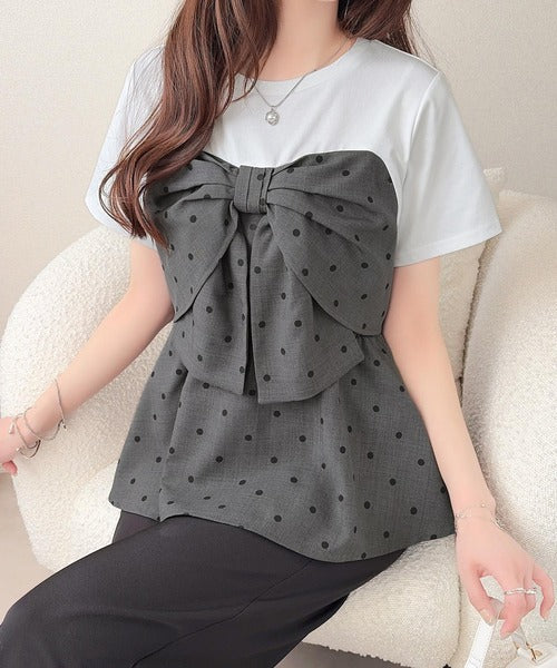 【mily bilet】一枚でサマになる。 フロントリボン布帛コンビ半袖Tシャツ mi1269018