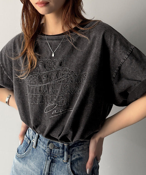 綿100%メンズライクヴィンテージウォッシュ☆前後2way刺繍ワイドネックTシャツ ce1260421