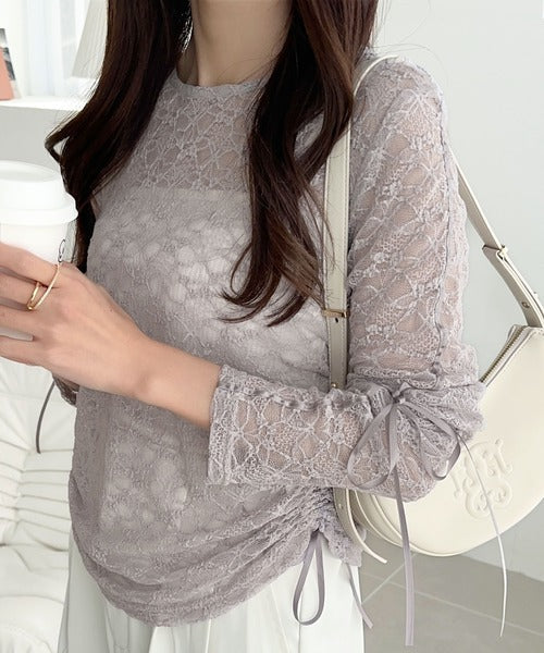 【mily bilet】着るだけでおしゃれ度UP！シアージャガード総レースサイドサテンリボントップス（長袖） mi1019079