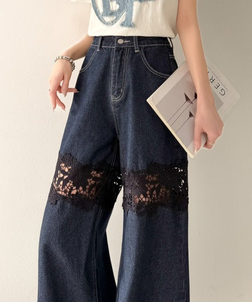 【mily bilet】特別な個性を持つオンリーワンの仕上がり！花柄レースワイドデニムパンツ mi1139076