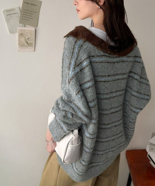 メンズライクに女子っぽさを。胸刺繍ブークレ配色ボーダーニットポロ（長袖） ce1240142