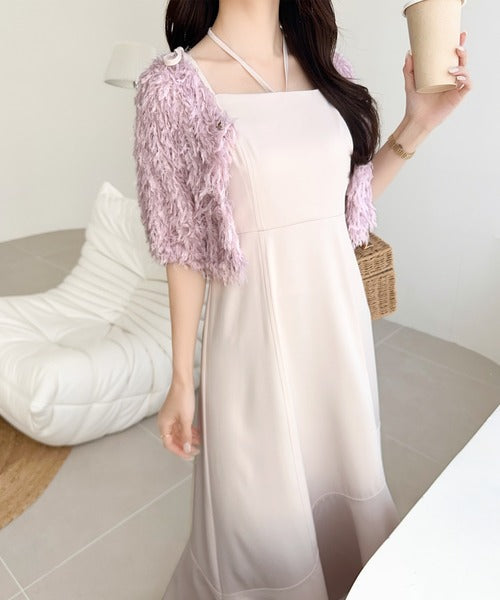 【mily bilet】上品で洗練のマストアイテム。マルチウェイシャギー半袖カーデ付きリボンキャミワンピースアンサンブル mi1139061