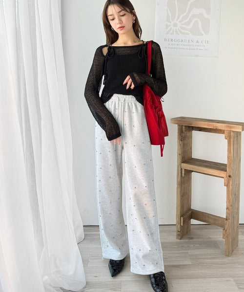 【mily bilet】大人かわいい肌見せを叶える。プレートデザイン前後2WAYメッシュ編み肩リボンニットプルオーバー（長袖） mi1259014