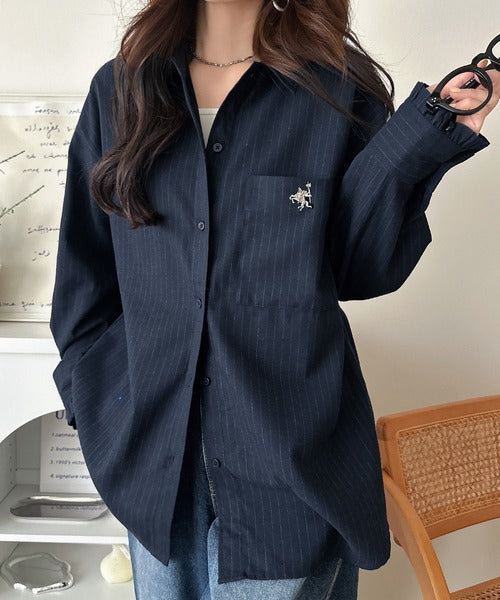 袖先に甘さを添えて。刺繍＆胸ポケット付き 柄アソート起毛シャツ(チェック/ストライプ柄) ce1010666