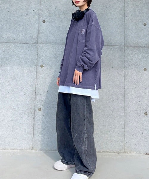 《JaVaジャバ コラボ》綿100％ピグメント加工ポケット付きロングTee jv1029002